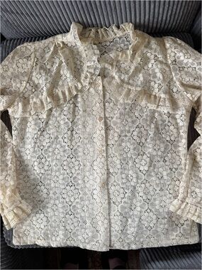 Vtg Y2K OG Eyelet S Lace Blouse Boho Cottagecore LS Ruffle Boutique Top